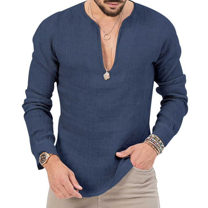 Men's relaxed linen tunic shirt with open slit collar and rounded hem StylebySassy