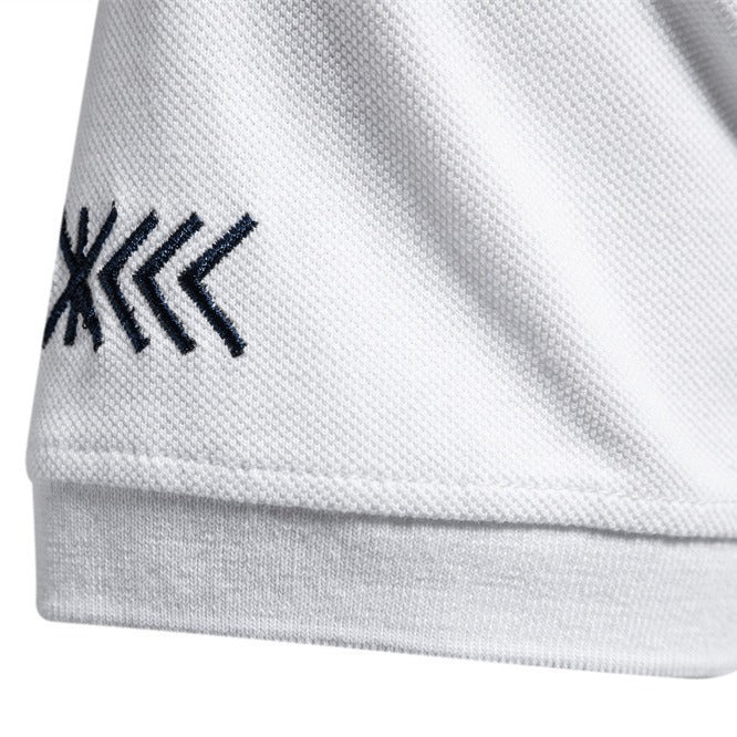 Men's nan casual polo with short button placket, embroidered arrow motif panel, and stand-up collar StylebySassy