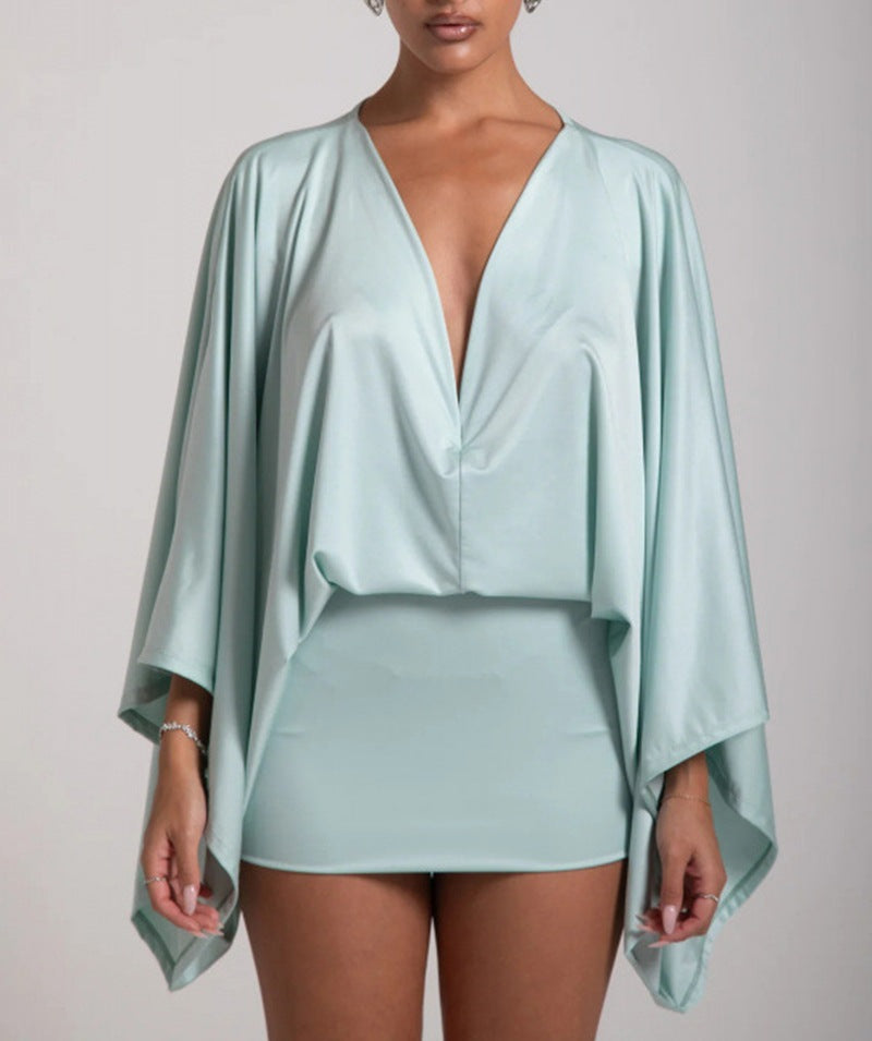 Women nan cape mini dress with deep V-neck, batwing sleeves and tailored mini skirt StylebySassy