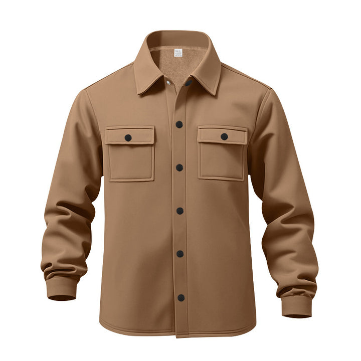 Men's unlined shirt jacket with fleece lining, patch chest pockets and snap button placket StylebySassy