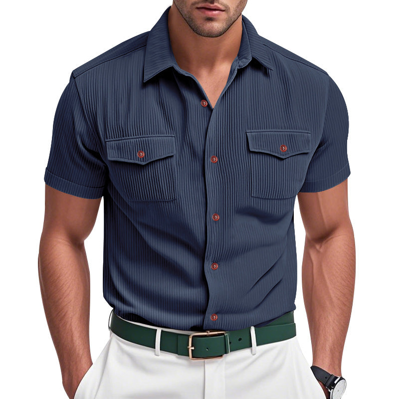 Men's casual short-sleeve shirt with lapel collar, patch flap pockets and fine pinstripe texture StylebySassy
