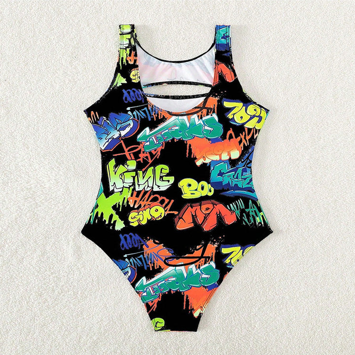 Women's one-piece swimsuit with creative graffiti pattern and modern cut-out detail