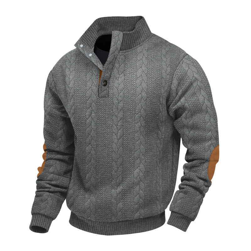 Men's cable knit turtleneck with stand-up collar, half button placket, and contrasting leather applications StylebySassy