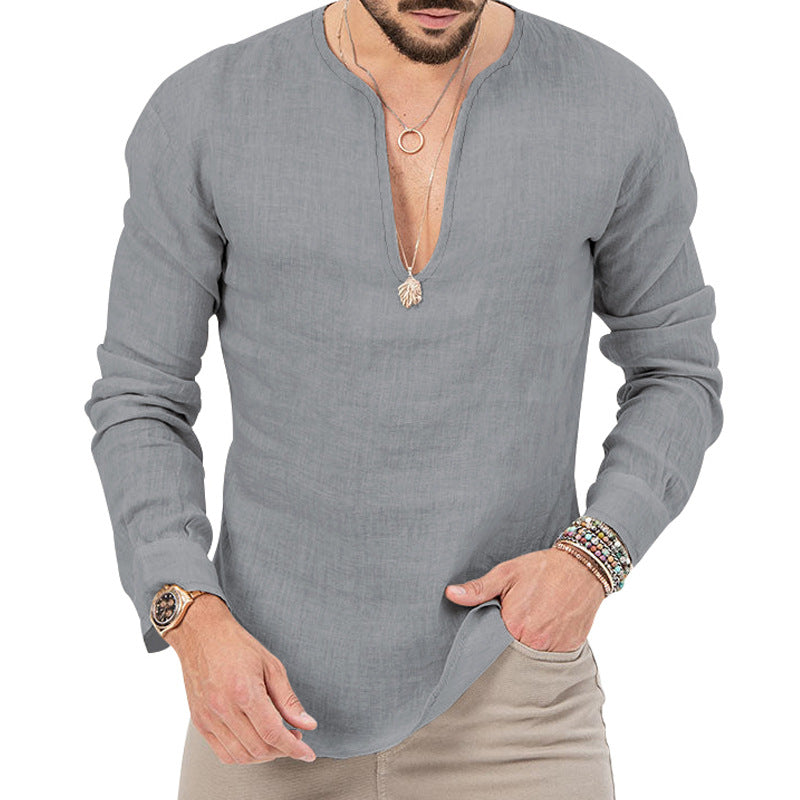 Men's relaxed linen tunic shirt with open slit collar and rounded hem StylebySassy