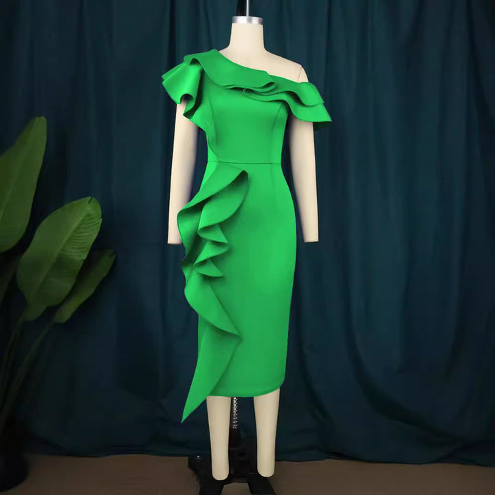 Women Elegant Sheath Dress with Asymmetrical Ruffle Design StylebySassy