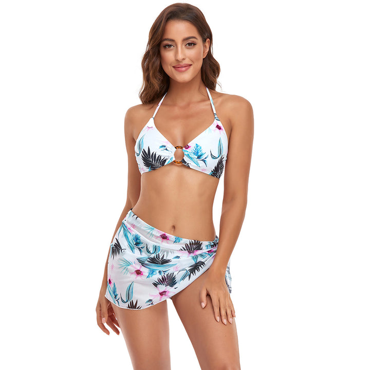 Women's Triangle Bikini Set with trendy wrap skirt and floral design StylebySassy