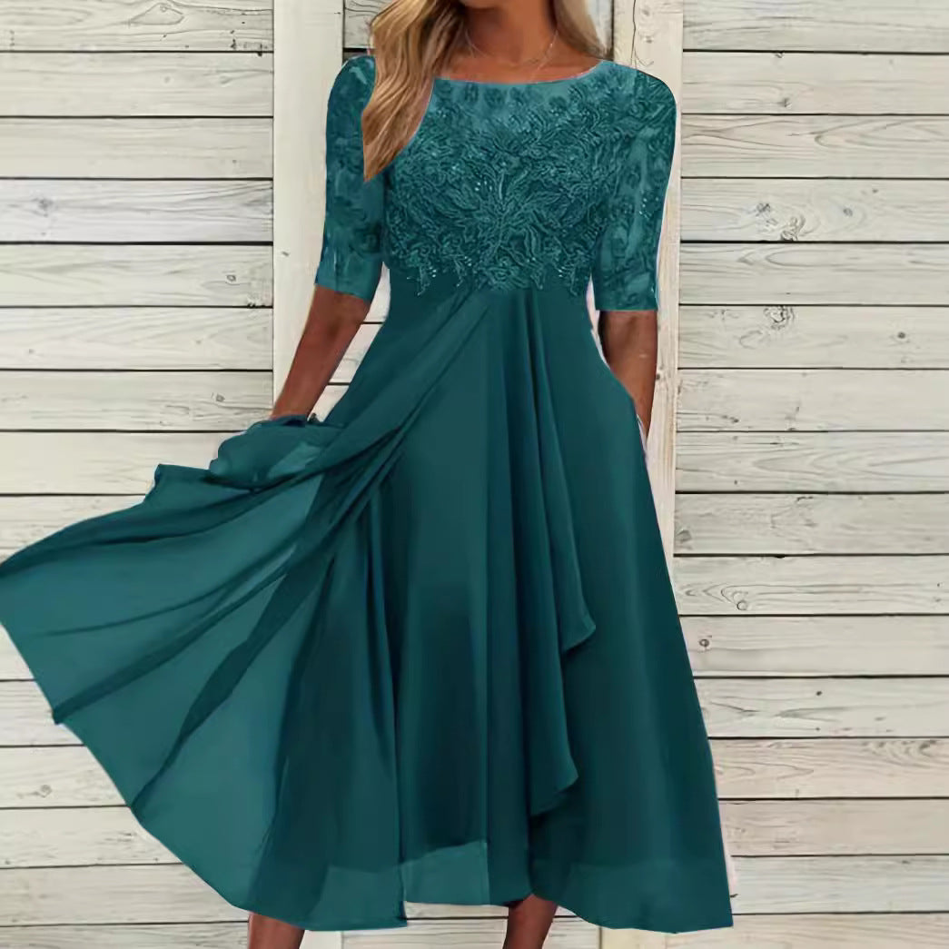Ladies' elegant cocktail dress with embroidered corset, boat neckline and flowing chiffon skirt StylebySassy
