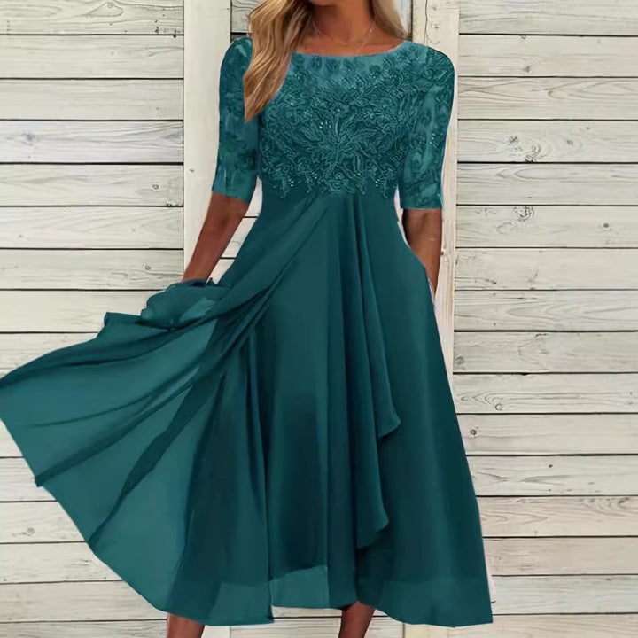 Ladies' elegant cocktail dress with embroidered corset, boat neckline and flowing chiffon skirt StylebySassy