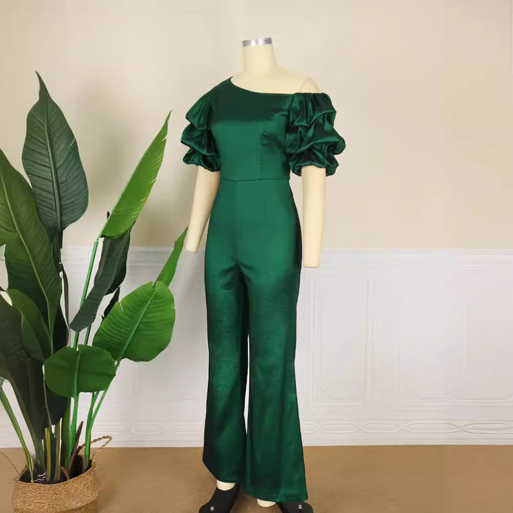 Ladies Elegant Jumpsuit with Asymmetric Puffed Sleeves StylebySassy