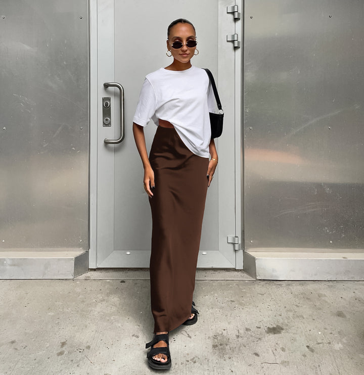 Ladies Long Satin Skirt with High Slit StylebySassy