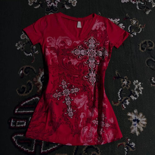 Women's T-shirt with decorative cross design and floral accents StylebySassy