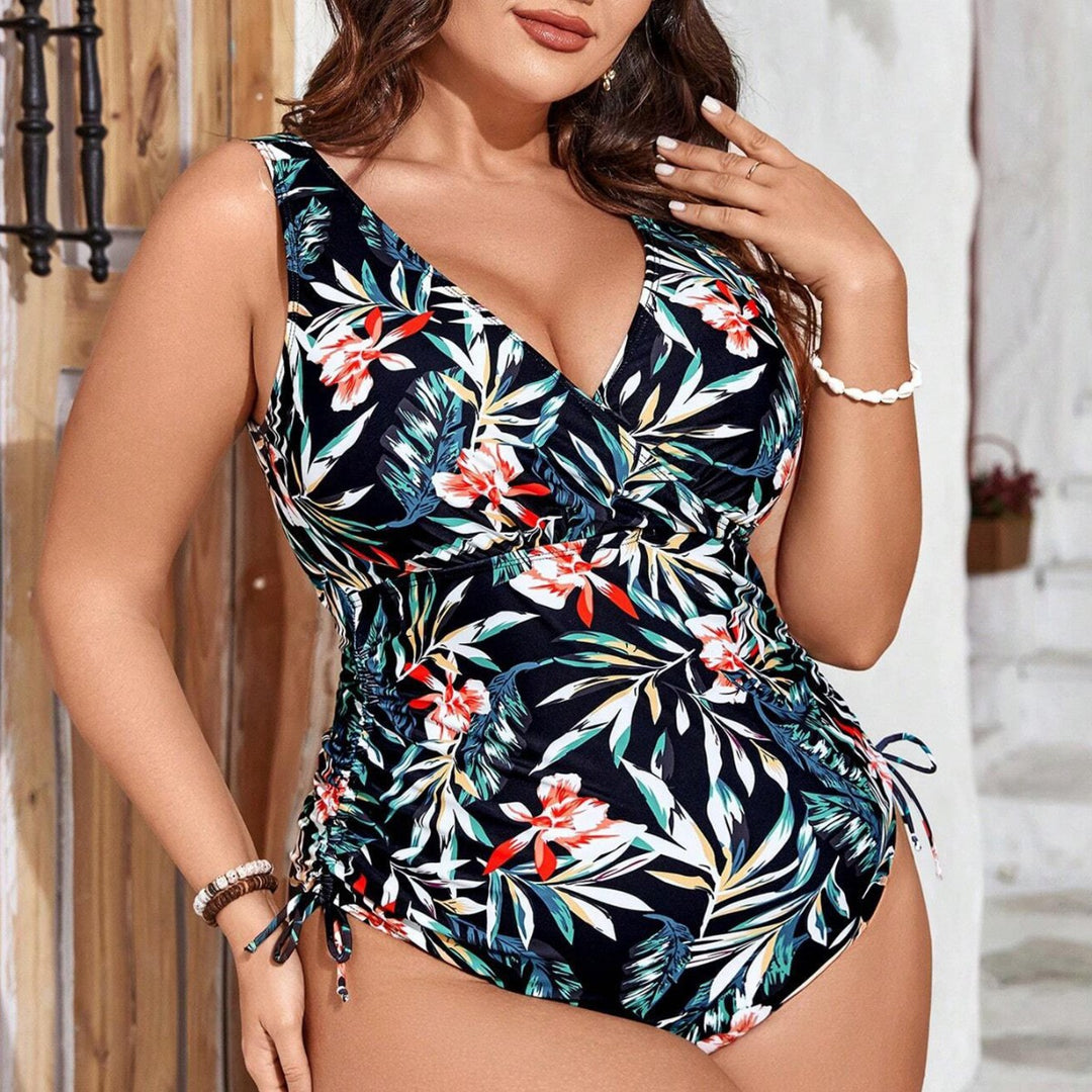 Womens One-Piece Swimsuit with Floral Wrap Design and Figure-Shaping Gatherings StylebySassy