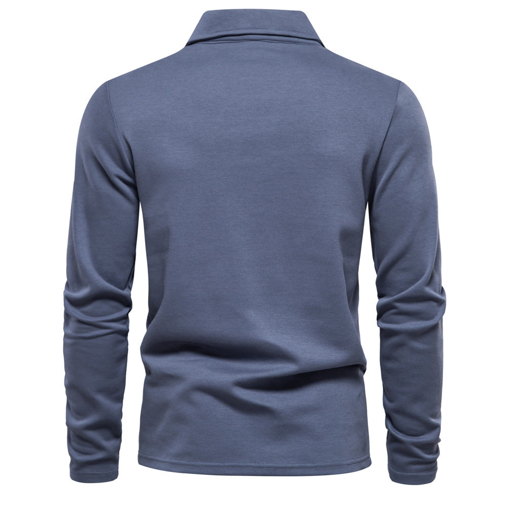 Men's long-sleeved polo shirt with open V-neck, slim fit and tone-on-tone collar embroidery StylebySassy
