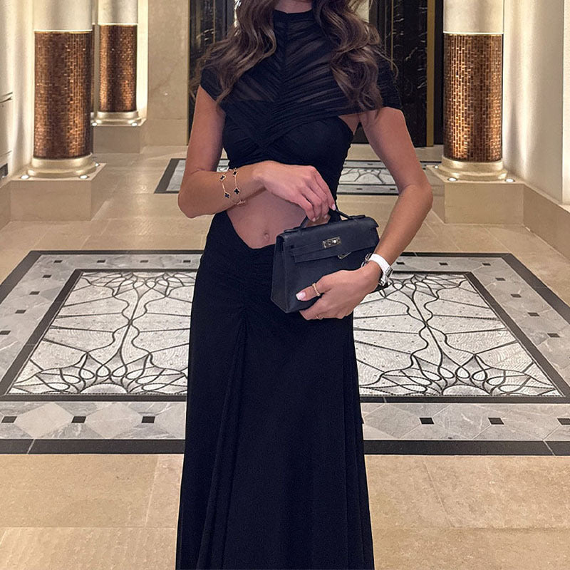 Ladies Elegant Maxi Dress with Gatherings and Transparent Top StylebySassy