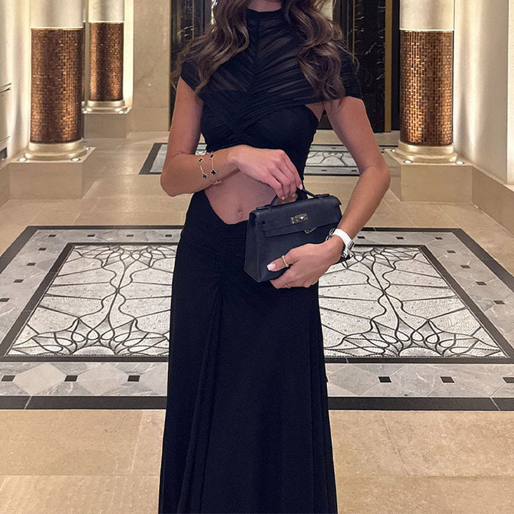 Ladies Elegant Maxi Dress with Gatherings and Transparent Top StylebySassy