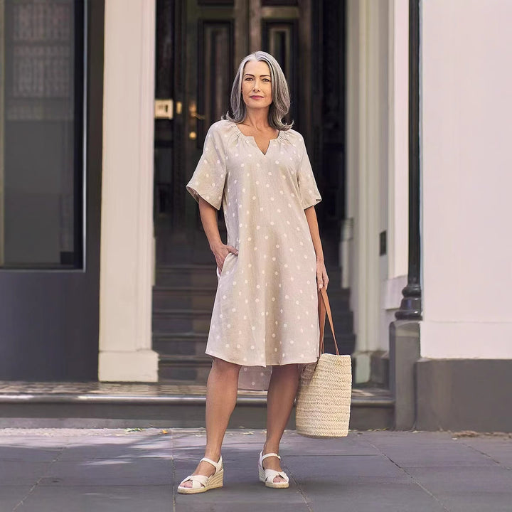 Ladies casual A-line linen look dress with V-neck, gathered shoulder area and side pockets StylebySassy