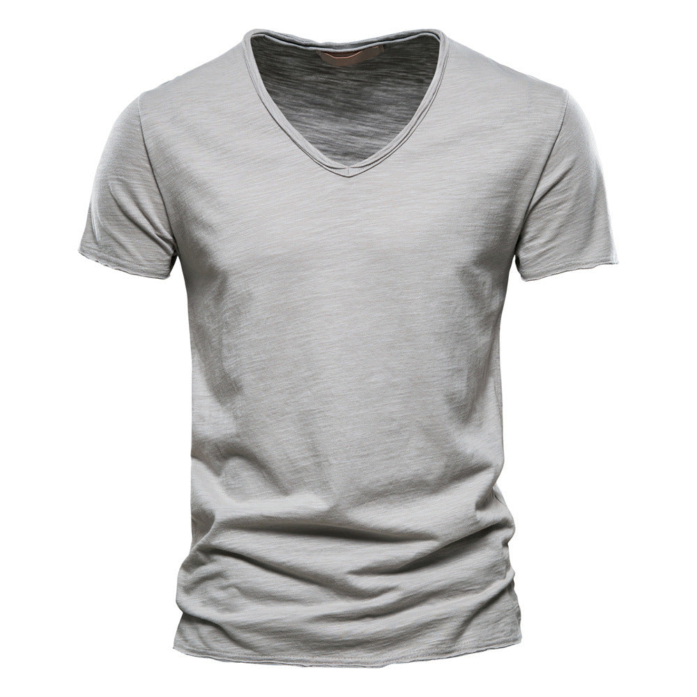 Men's light cotton jersey short-sleeve shirt with V-neck and slim fit StylebySassy