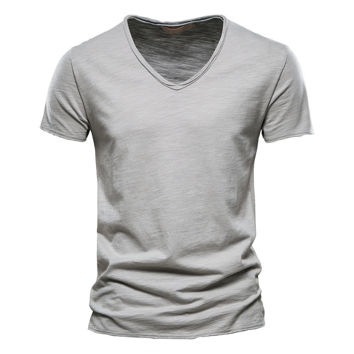 Men's light cotton jersey short-sleeve shirt with V-neck and slim fit StylebySassy