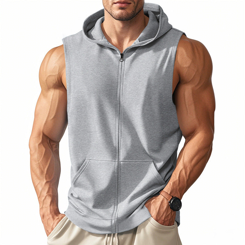 Men's sleeveless zip hooded vest with kangaroo pocket and athletic cut StylebySassy