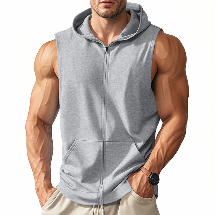 Men's sleeveless zip hooded vest with kangaroo pocket and athletic cut StylebySassy