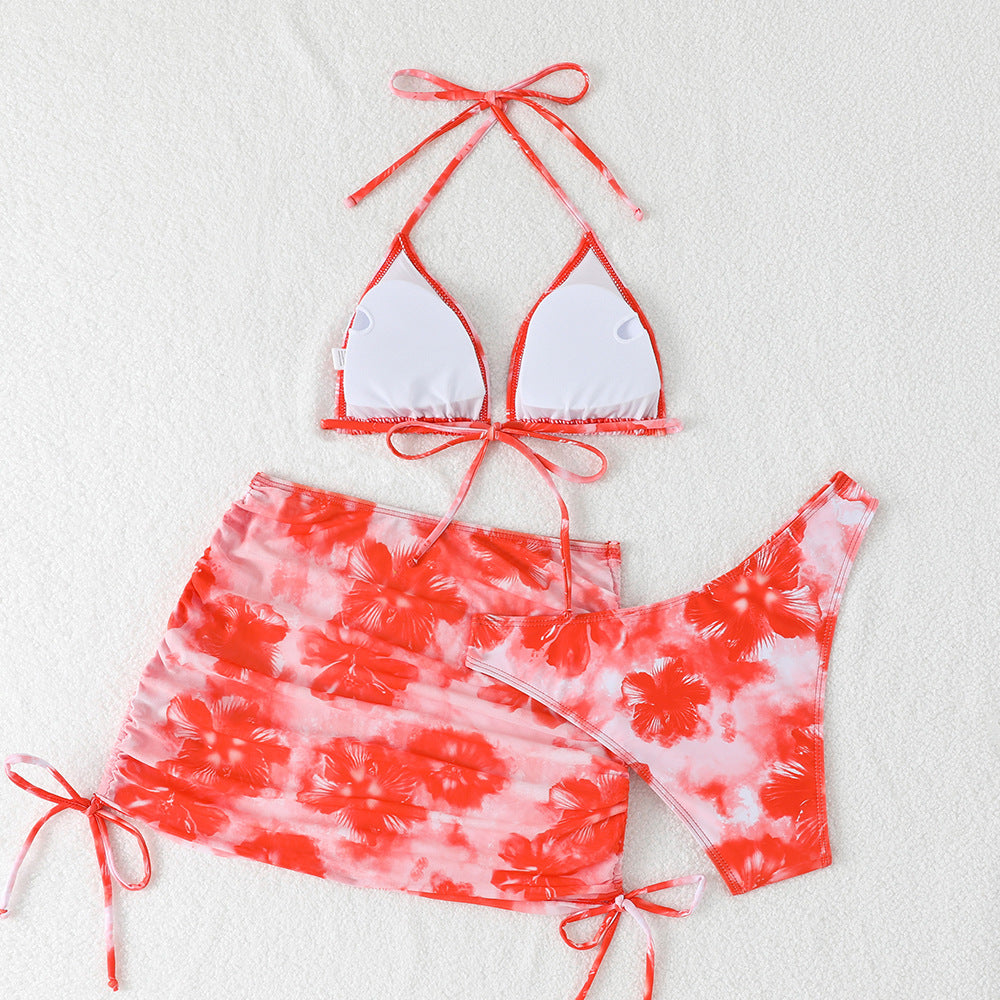 Women's Triangle Bikini Set with Adjustable Straps and Floral Wrap Skirt StylebySassy