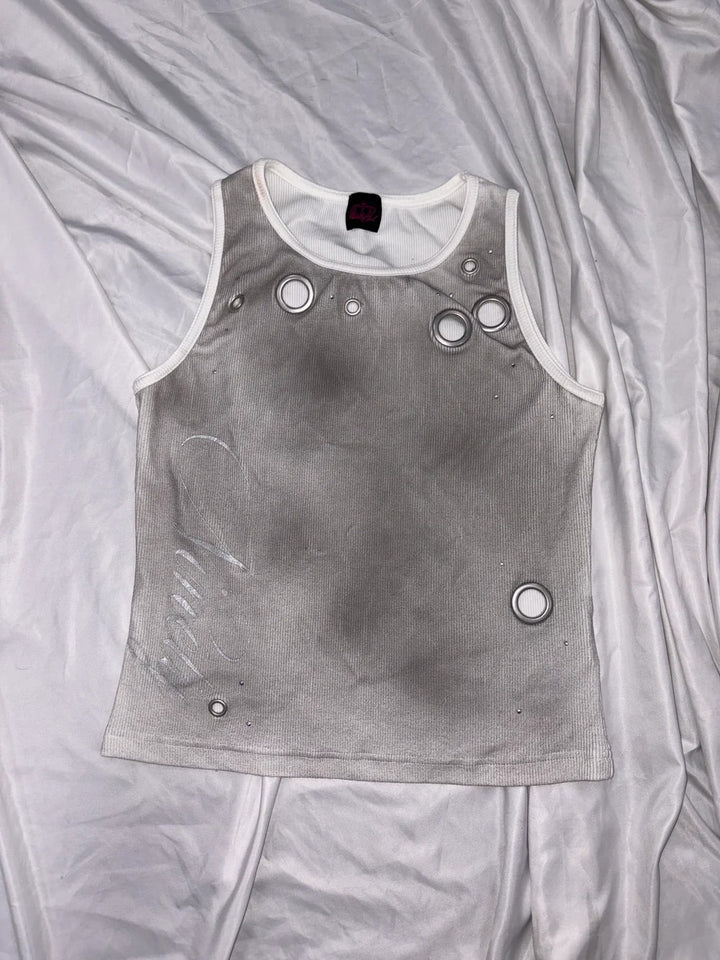Ladies Trendy Tank Top with Decorative Eyelets and Shimmery Fabric StylebySassy