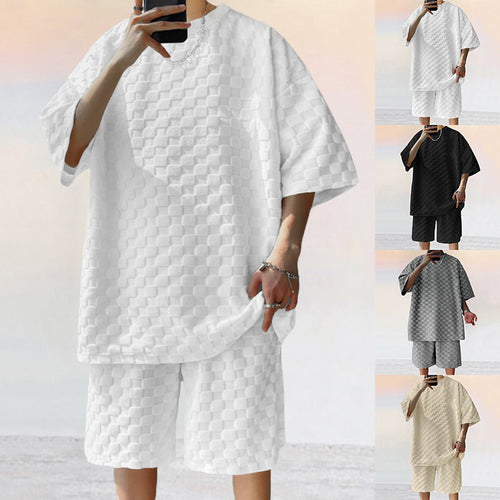 Unisex nan structured relief set made of honeycomb jersey with oversized shirt and knee-length shorts StylebySassy