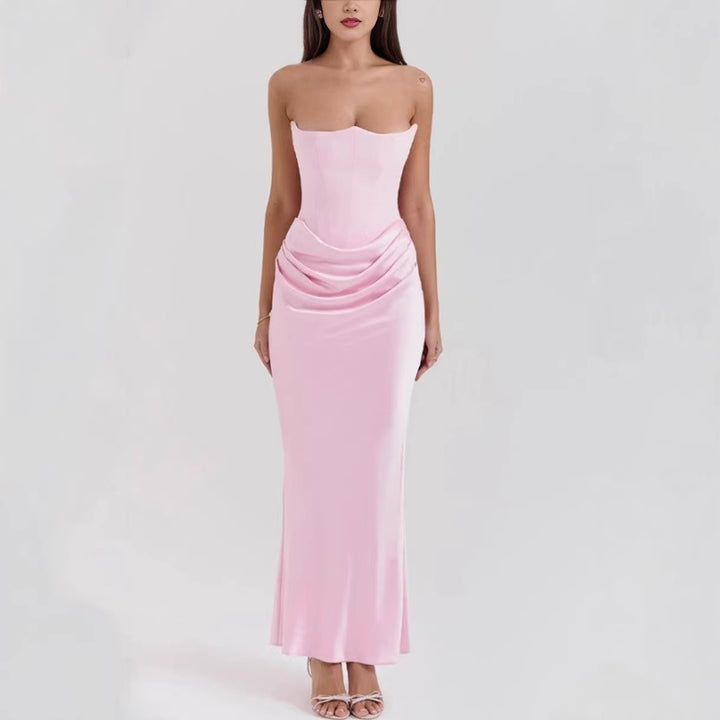 Women's strapless corset evening dress with contoured bodice construction and elegant hip draping StylebySassy