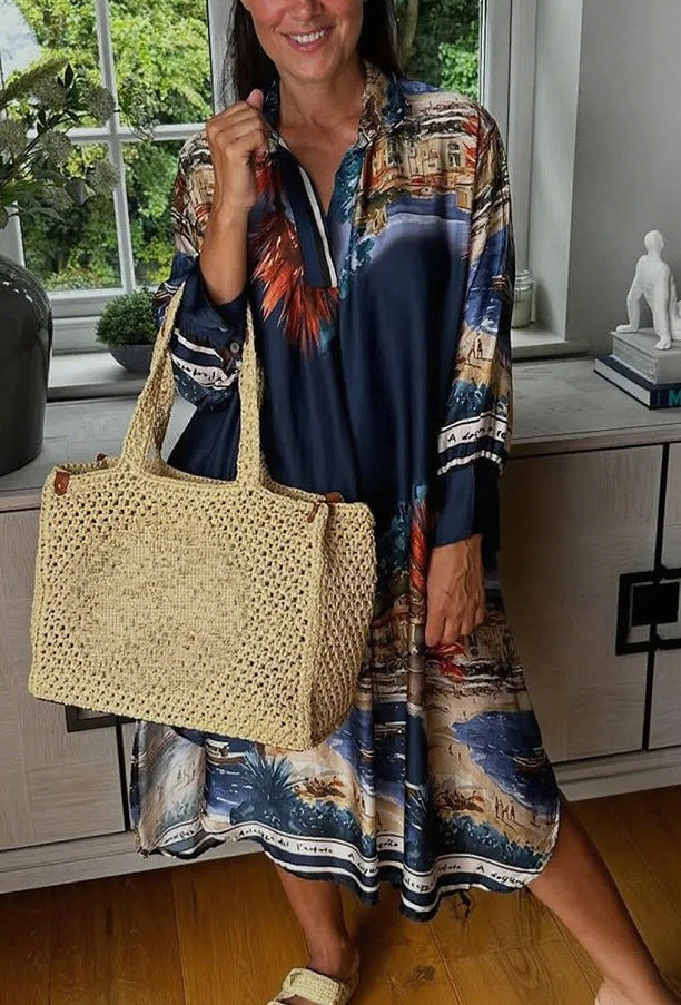 Women's blouse dress in silk look, kaftan style, with an illustrative coastal print StylebySassy