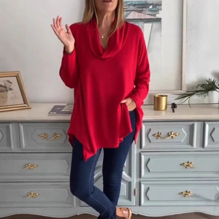 Women's fall shoulder drape tunic top with asymmetric zip hem and side pockets StylebySassy