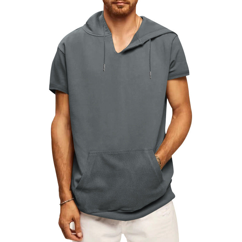 Men's casual short-sleeve hoodie shirt in a loose fit with kangaroo pocket and drawstring StylebySassy