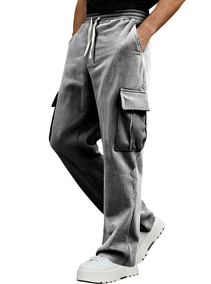 Men's casual corduroy cargo pants with elastic drawstring waist, straight leg, and flap pockets StylebySassy