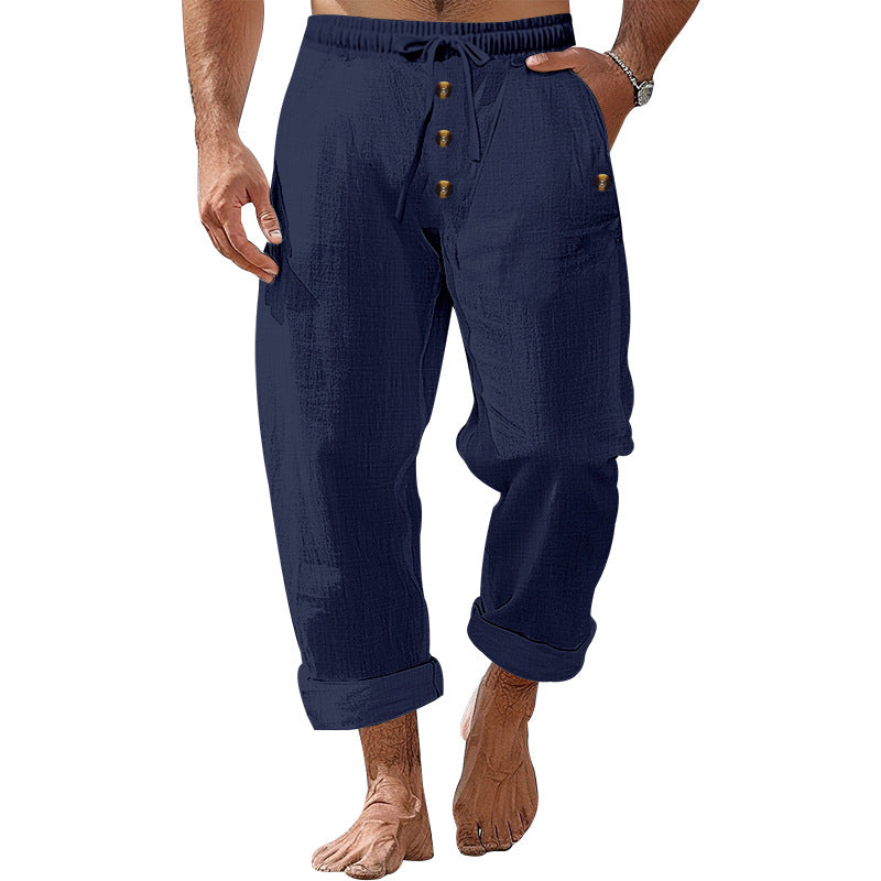 Men's casual linen-cotton pants with elastic waistband, drawstring, and rolled-up hem StylebySassy