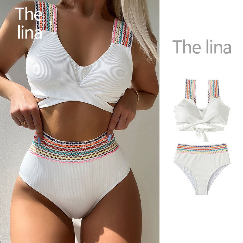 Women High-Waisted Bikini Set with Colorful Strap Design StylebySassy