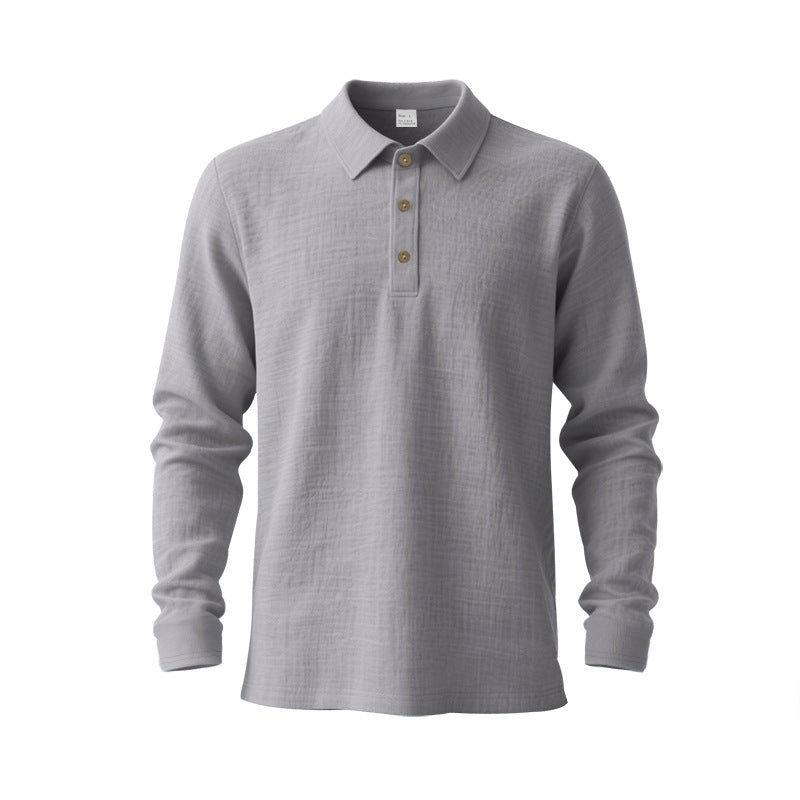 Men's Musselin Long Sleeve Polo Shirt with Collar, Short Button Placket and Natural Button Look StylebySassy