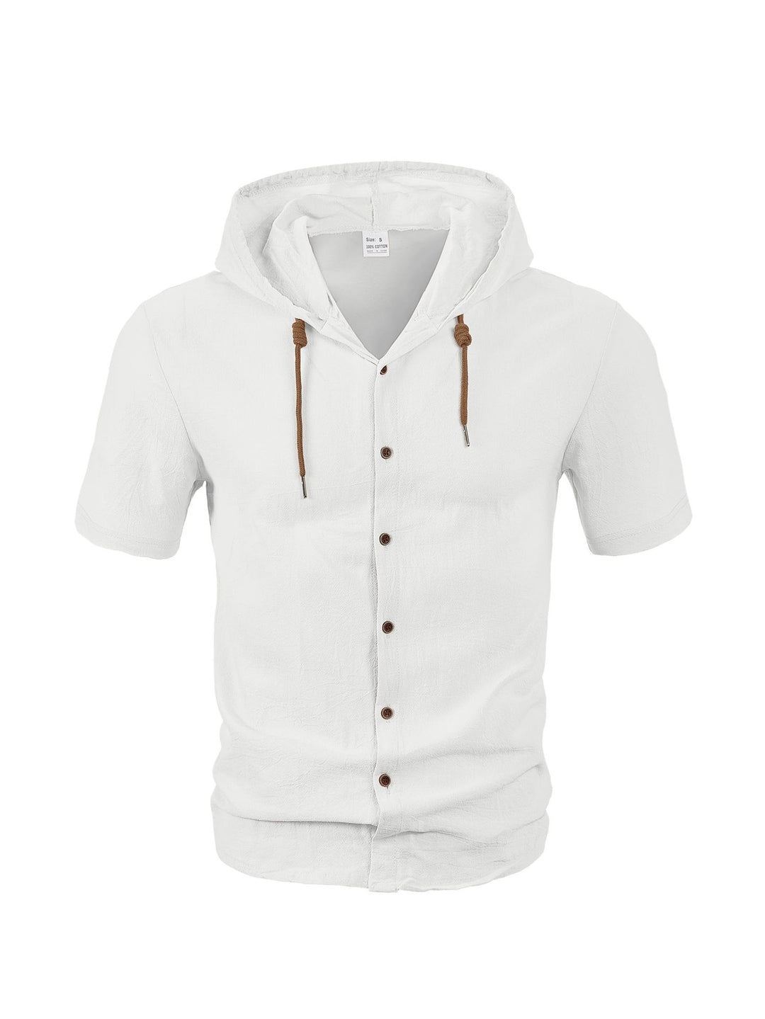 Men's short-sleeve hooded shirt with natural fiber texture, button-up front, and drawstring StylebySassy