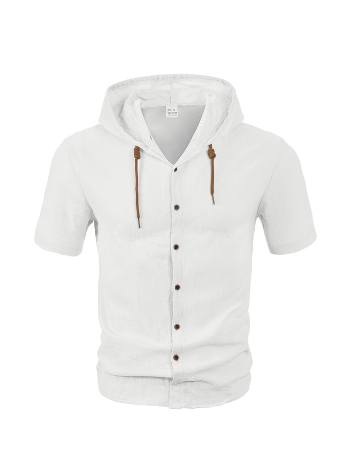 Men's short-sleeve hooded shirt with natural fiber texture, button-up front, and drawstring StylebySassy