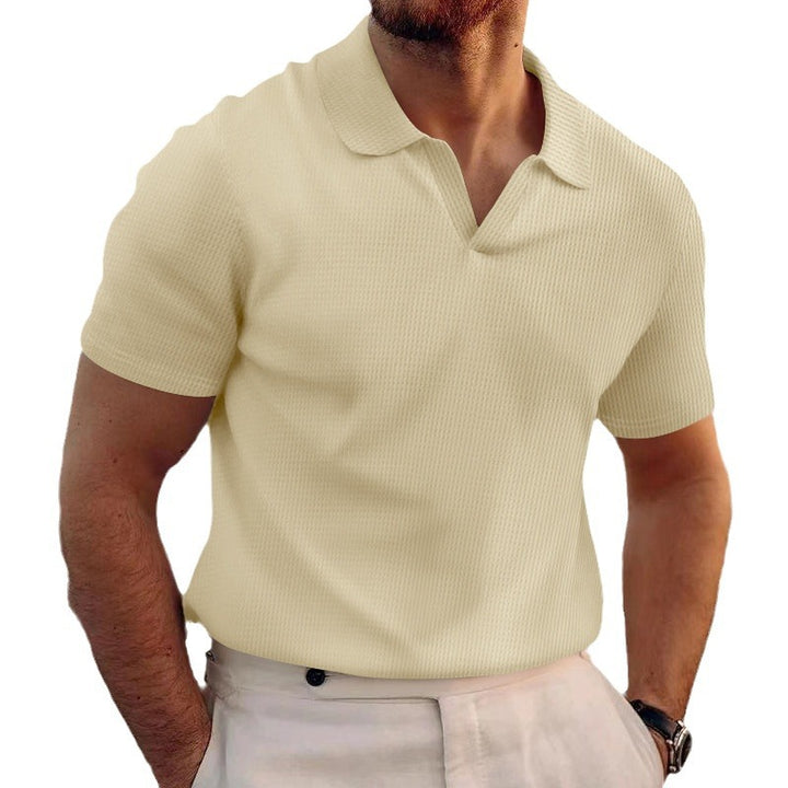 Men's lightweight short-sleeve polo made from waffle jersey with an open V-neck and shirt collar StylebySassy