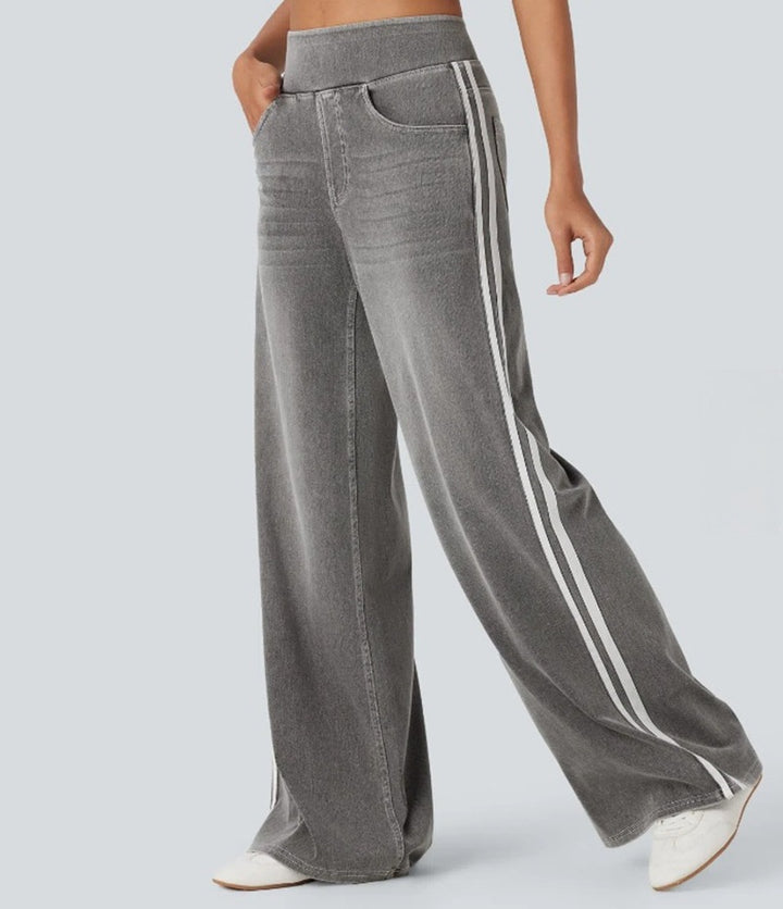 Women's wide sweatpants in denim look with side contrast stripes and comfort waistband StylebySassy