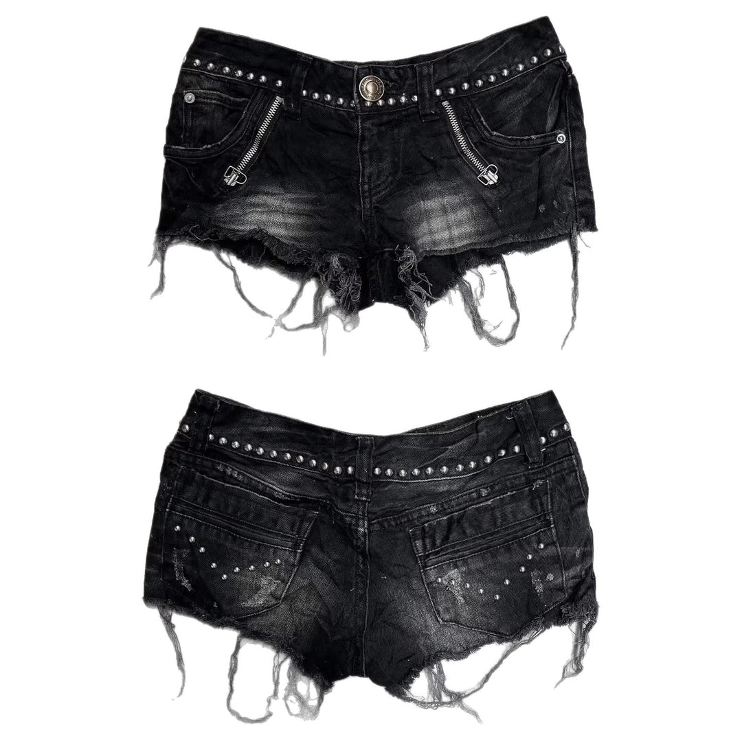 Ladies Fashion Destroyed Denim Shorts with Studs StylebySassy