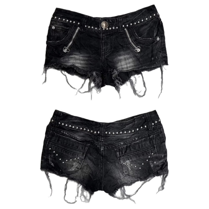 Ladies Fashion Destroyed Denim Shorts with Studs StylebySassy