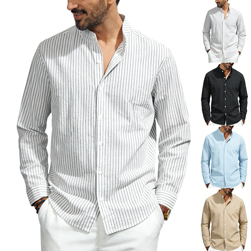 Men's striped stand-up collar shirt made of linen-cotton blend with button placket StylebySassy