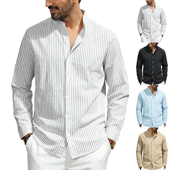 Men's striped stand-up collar shirt made of linen-cotton blend with button placket StylebySassy