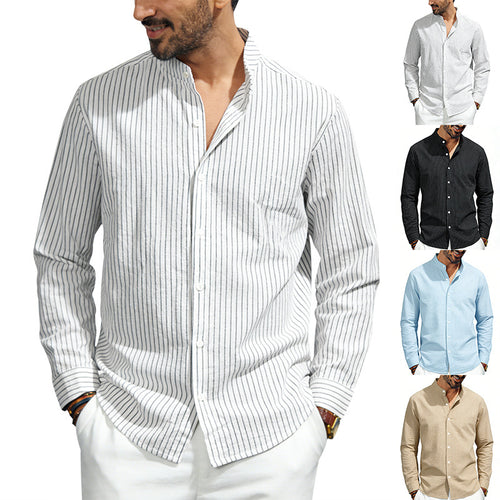 Men's striped stand-up collar shirt made of linen-cotton blend with button placket StylebySassy