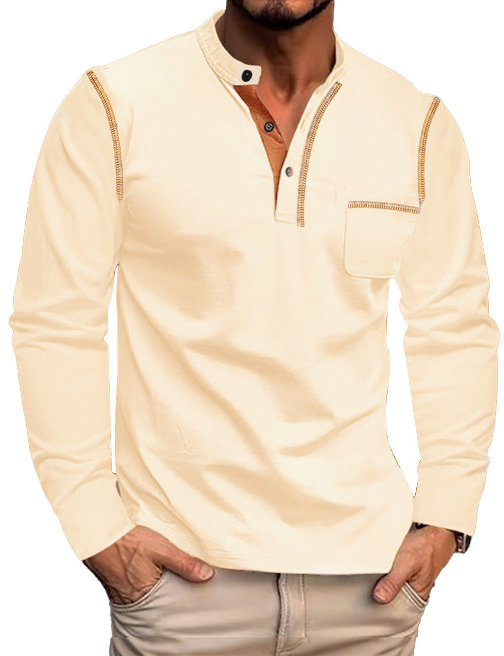 Men's Long Sleeve Shirt with Short Button Placket, Chest Pocket and Contrasting Decorative Stitching StylebySassy