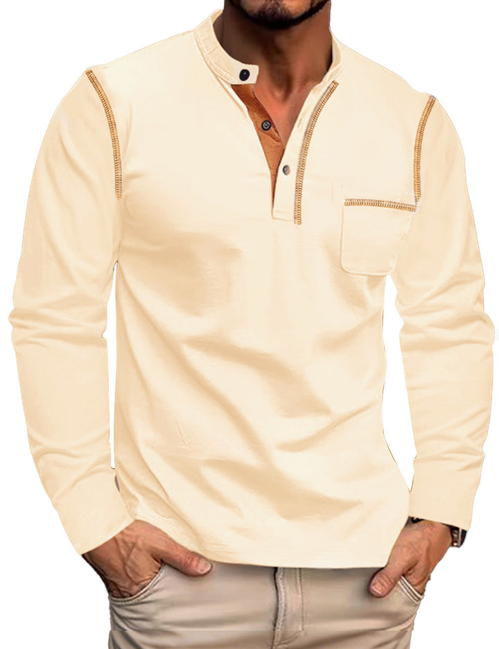 Men's nan legeres long sleeve henley shirt with stand-up collar, button placket, and chest pocket StylebySassy