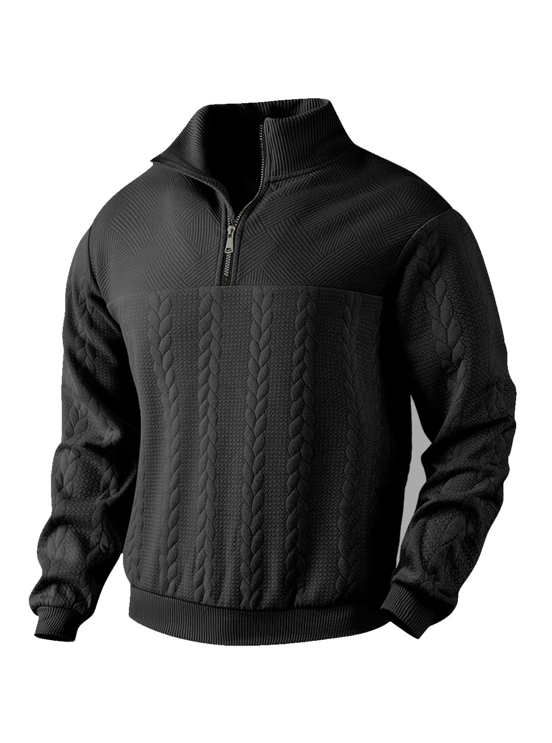Men's textured knit sweater with half zip, braided cable pattern, and high stand-up collar StylebySassy