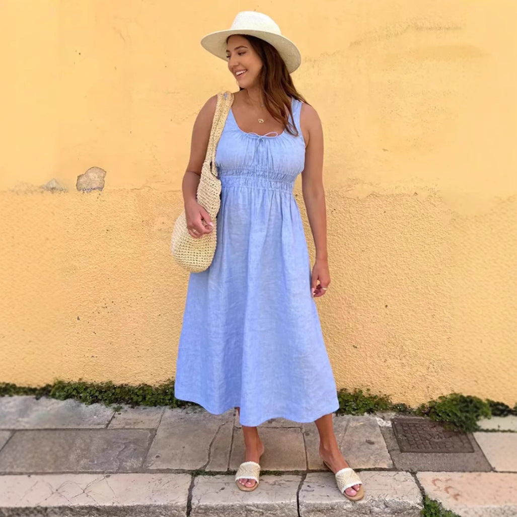 Women's knee-length linen look dress with smocked bodice, elastic waistband and wide straps StylebySassy
