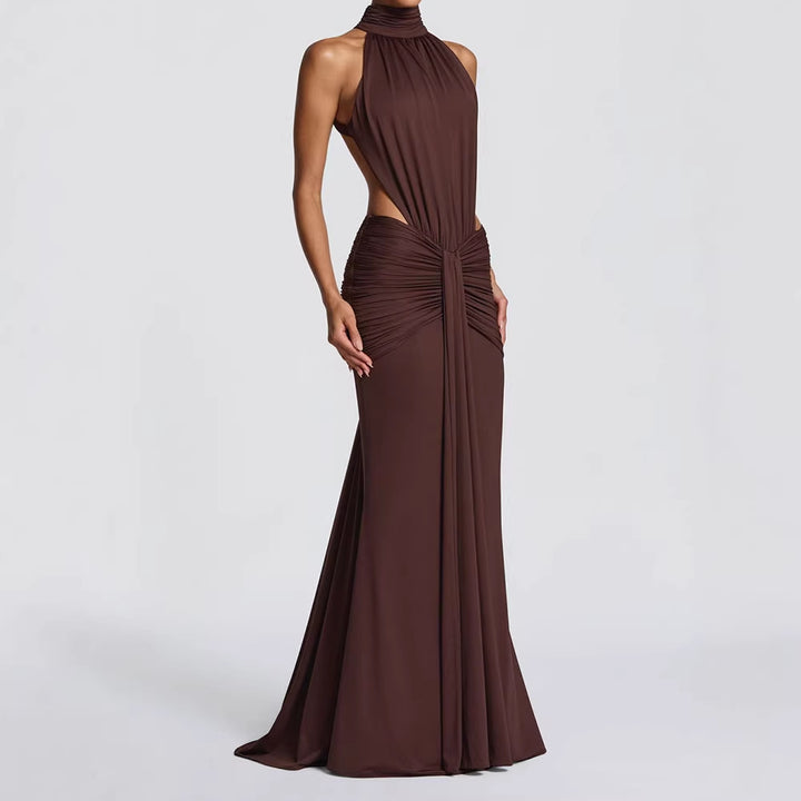 Women Elegant Maxi Dress with Draped Front and High Neck Design StylebySassy