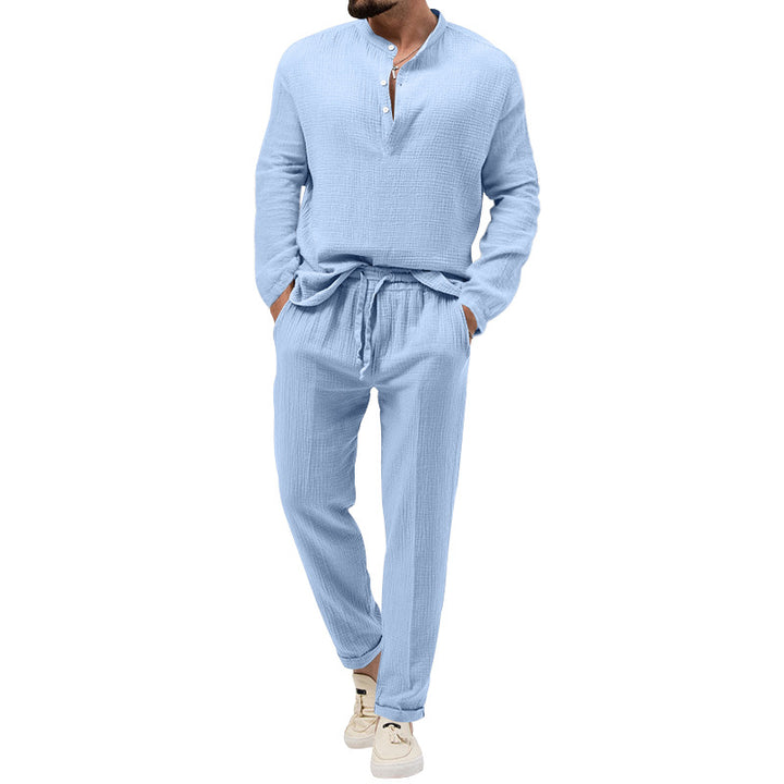 Men's muslin comfort set with semi-high collar and drawstring pants StylebySassy
